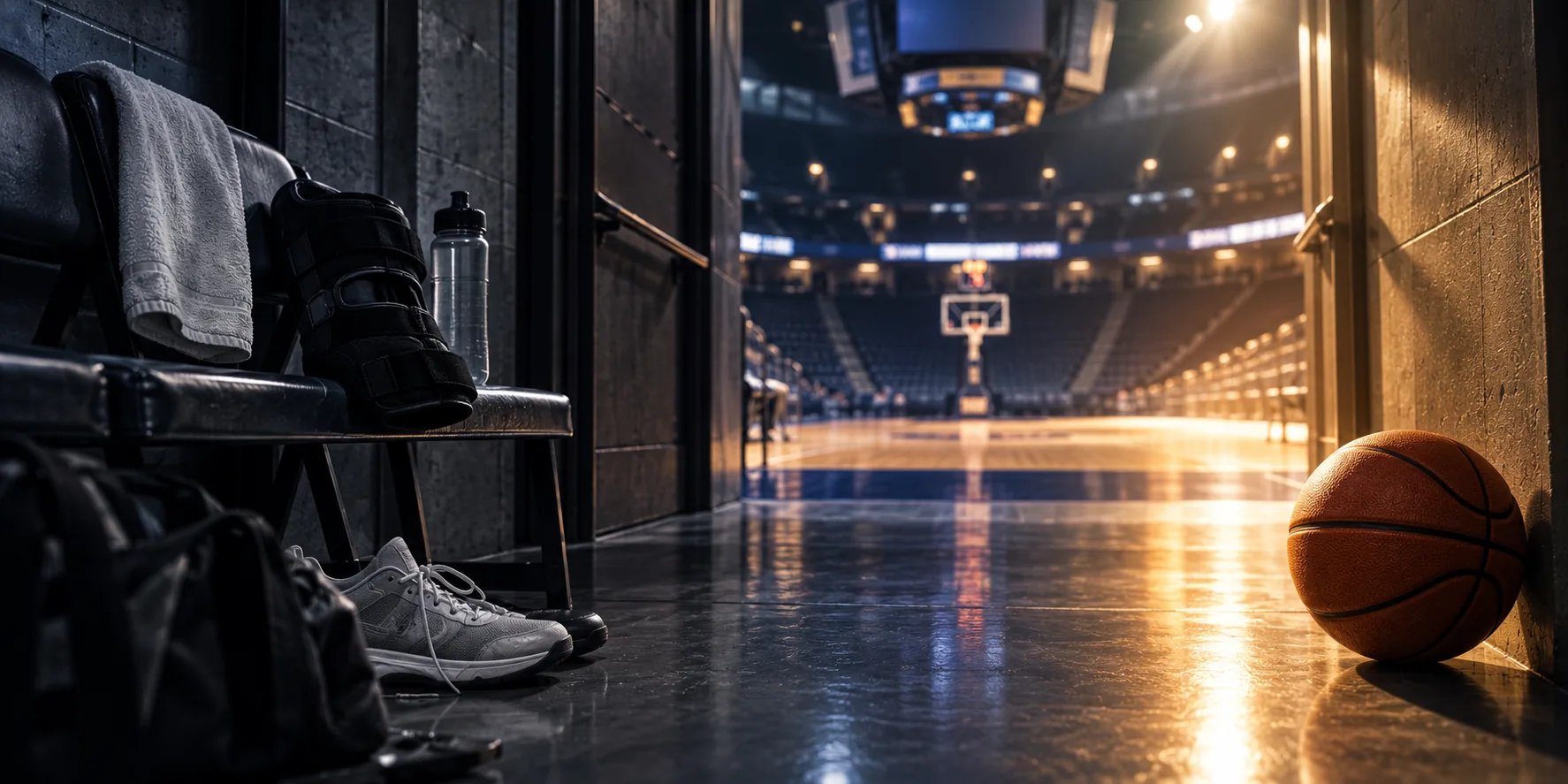 Editorial illustration looking from a basketball arena tunnel towards an illuminated court, with a knee brace on the bench.