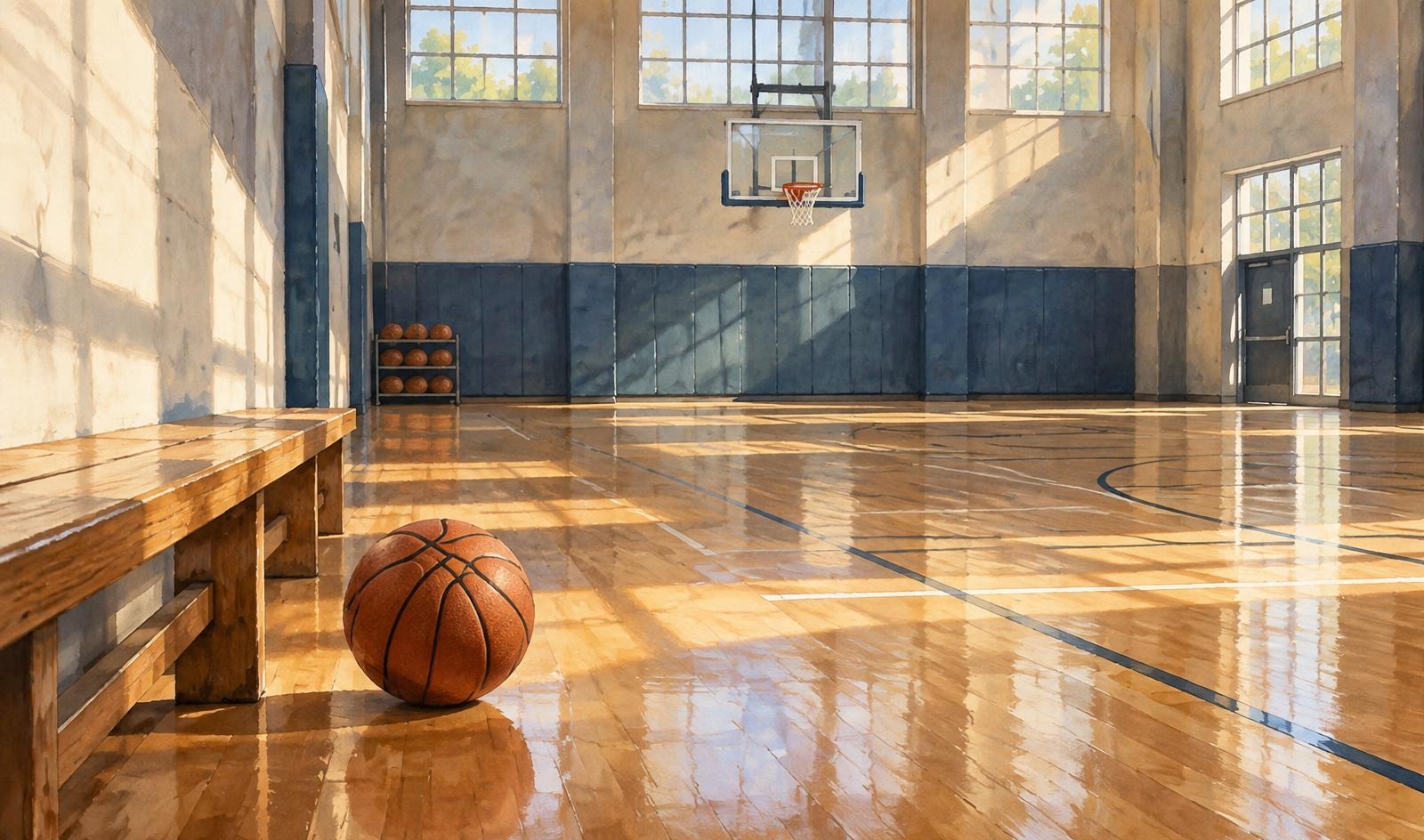Painterly illustration of a basketball beside a wooden bench on an empty sunlit indoor training court